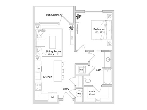 A floor plan of a home with a living room, dining room, kitchen, bathroom, bedroom and walk-in closet.